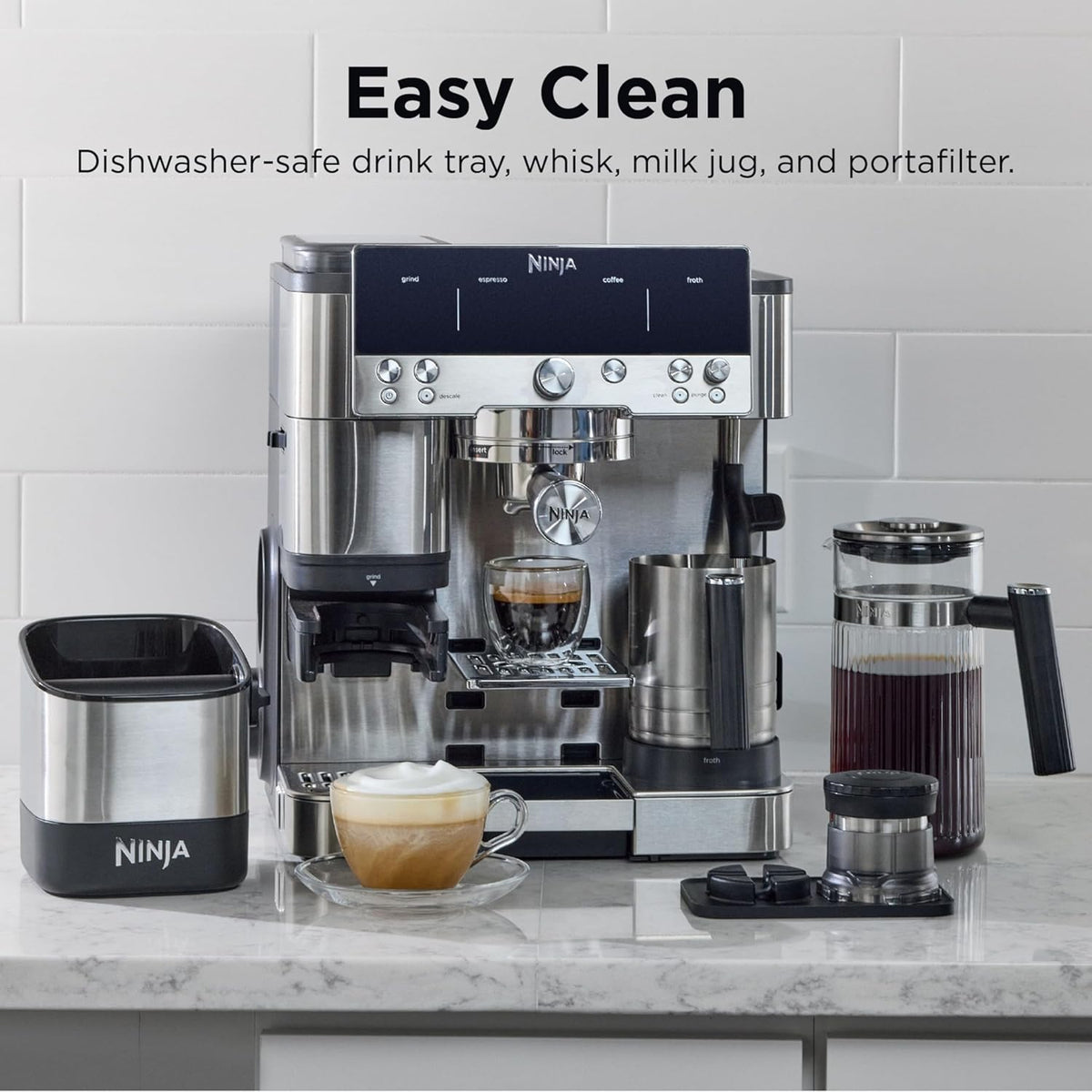Ninja Luxe Café Premier 3-in-1 Espresso Machine, Drip Coffee, & Rapid Cold Brew | Built-in Coffee Grinder, Hands-Free Milk Frother, Assisted Tamper for Cappuccinos & Lattes | Stainless Steel | ES601