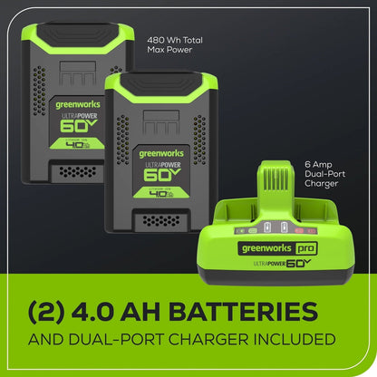 Greenworks 60V 25″ Cordless Brushless Self-Propelled Mower + Two (2) 4.0Ah Batteries & Dual Port Charger