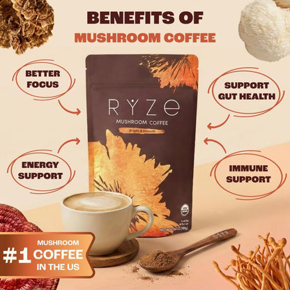 RYZE SUPERFOODS Mushroom Medium Roast Coffee USDA Organic with 6 Adaptogenic Mushrooms, USA Grown Instant Coffee for Better Energy, Focus Digestion Immunity with Lions Mane & Turkey Tail 30. Pack of 1