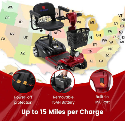 4-Wheel Mobility Scooter for Adults & Seniors, 15–30 Mile Range, 350W, Removable Battery, Compact