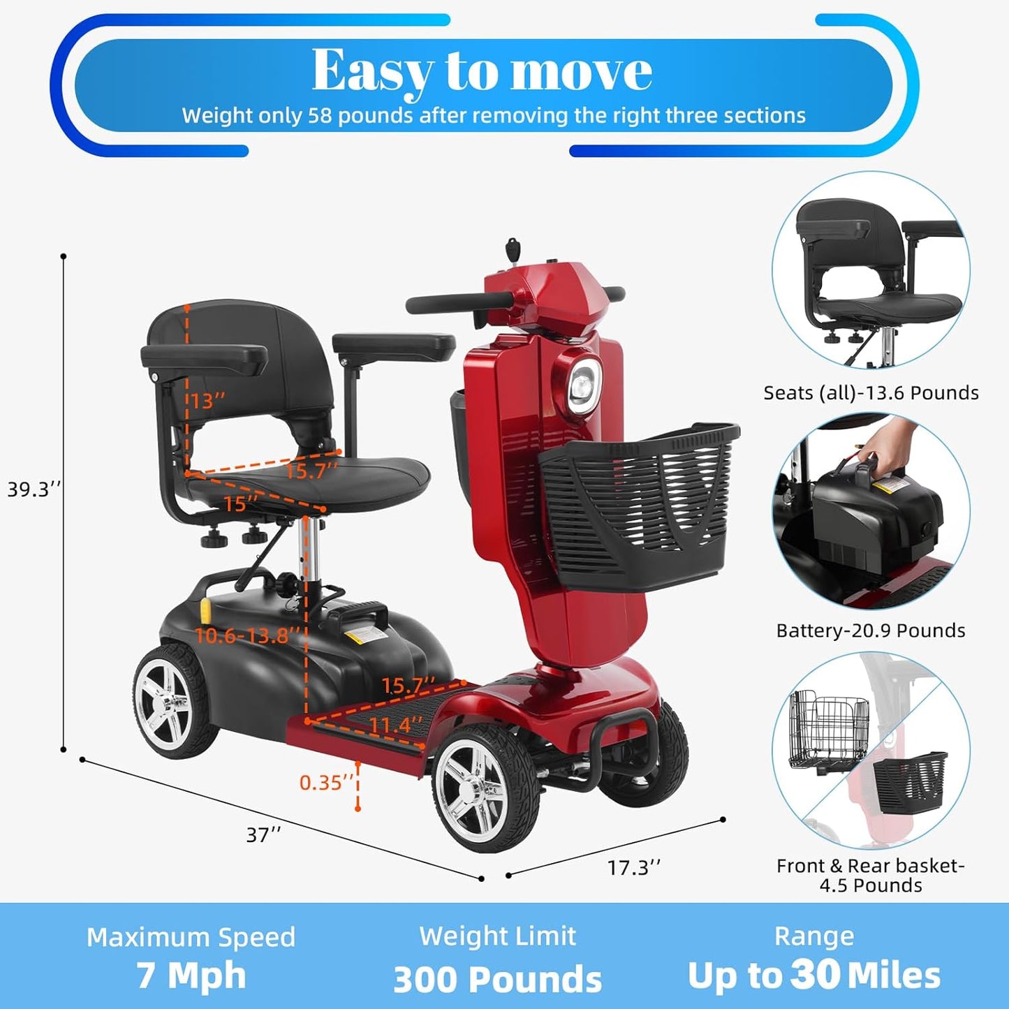 4-Wheel Mobility Scooter for Adults & Seniors, 15–30 Mile Range, 350W, Removable Battery, Compact