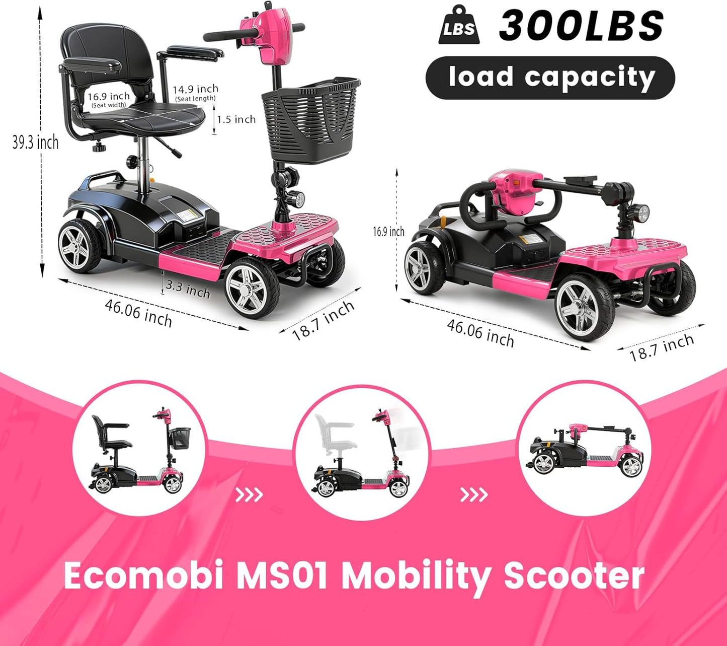 4-Wheel Mobility Scooter for Adults & Seniors, 15–30 Mile Range, 350W, Removable Battery, Compact