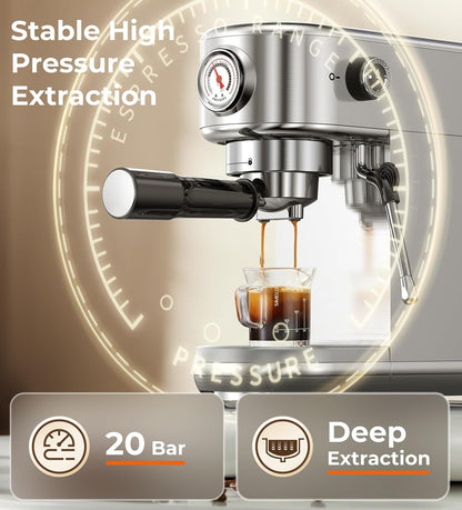 atatix Espresso Machine with Milk Frother, 20 Bar Pressure Espresso Maker, with 44OZ Removable Tank, Compact Stainless Steel Coffee Machine for Home, Office, Latte, Cappuccino, Macchiato, Silver