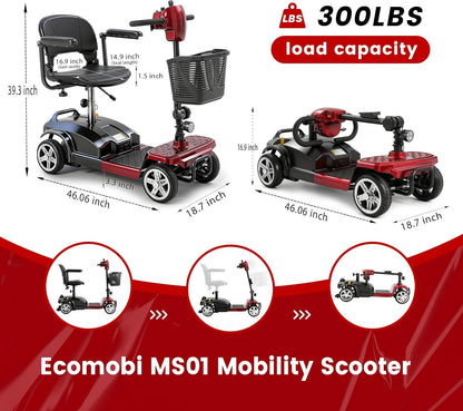 4-Wheel Mobility Scooter for Adults & Seniors, 15–30 Mile Range, 350W, Removable Battery, Compact
