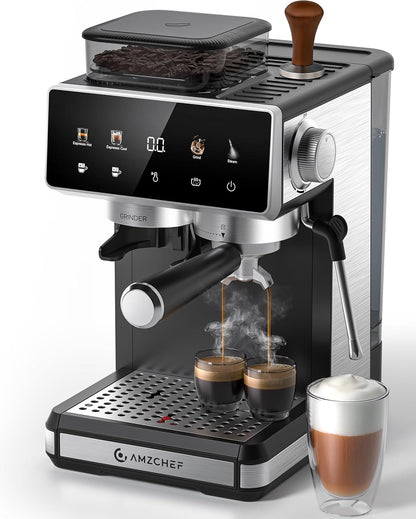 AMZCHEF Espresso Machine with Grinder, 3 Temp 197-205℉ Professional Espresso Machine, 3-10s Pre-Infusion, 20 Grind Settings, Latte Cappuccino Maker Home Barista, Black