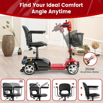 4-Wheel Mobility Scooter for Adults & Seniors, 15–30 Mile Range, 350W, Removable Battery, Compact