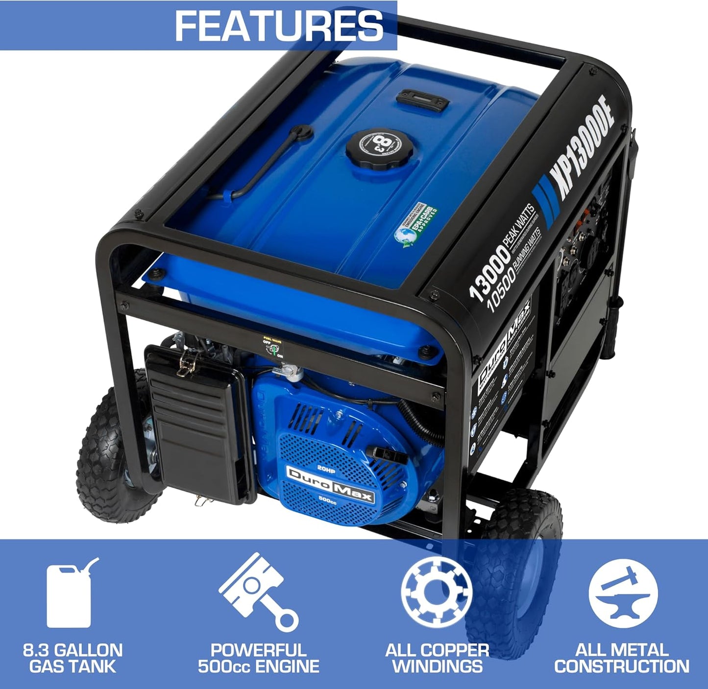 DuroMax XP13000EH 13,000-Watt Dual Fuel Portable Generator – Gas & Propane, Electric Start