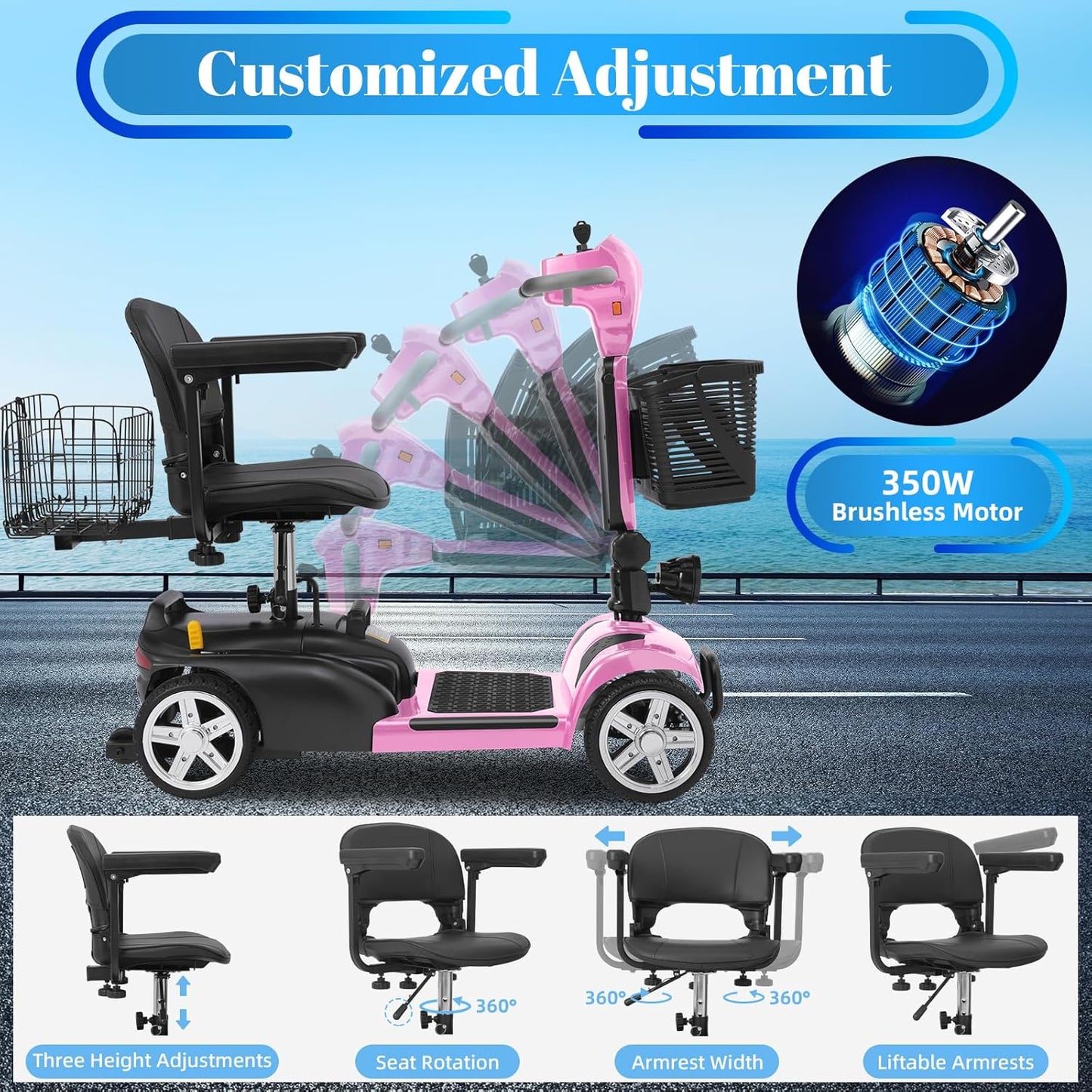 4-Wheel Mobility Scooter for Adults & Seniors, 15–30 Mile Range, 350W, Removable Battery, Compact