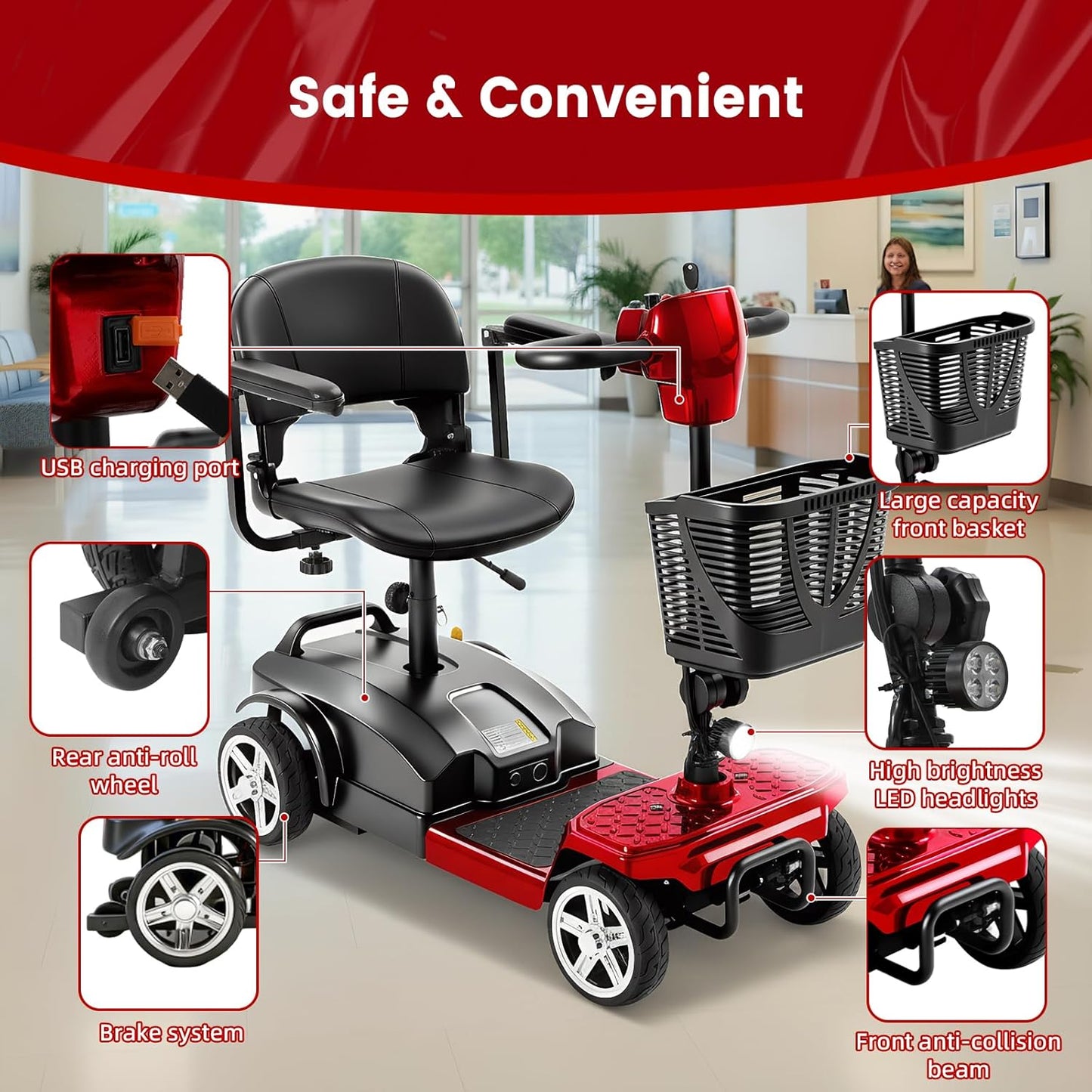 4-Wheel Mobility Scooter for Adults & Seniors, 15–30 Mile Range, 350W, Removable Battery, Compact