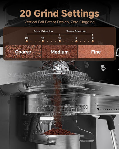 AMZCHEF Espresso Machine with Grinder, 3 Temp 197-205℉ Professional Espresso Machine, 3-10s Pre-Infusion, 20 Grind Settings, Latte Cappuccino Maker Home Barista, Black