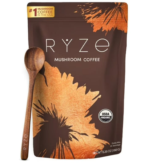 RYZE SUPERFOODS Mushroom Medium Roast Coffee USDA Organic with 6 Adaptogenic Mushrooms, USA Grown Instant Coffee for Better Energy, Focus Digestion Immunity with Lions Mane & Turkey Tail 30. Pack of 1