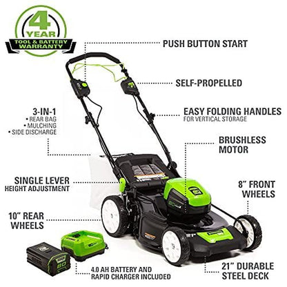 Greenworks Pro 80V 21-Inch Brushless Self-Propelled Lawn Mower, 4Ah Battery Included MO80L410
