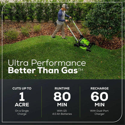 Greenworks 60V 25″ Cordless Brushless Self-Propelled Mower + Two (2) 4.0Ah Batteries & Dual Port Charger